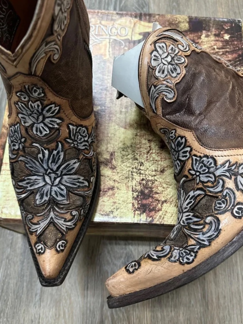 Old gringo aster in brass bone hand tooled floral ankle  boots RTL $698 8 - Picture 11 of 14